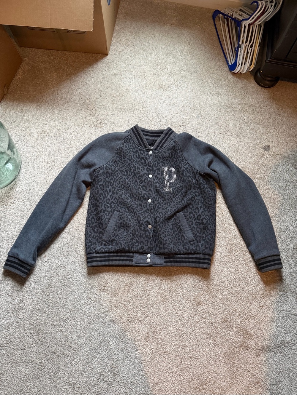 PINK Victoria's Secret Black Leopard-Print Bomber Jacket with Rhinestone 'P'
